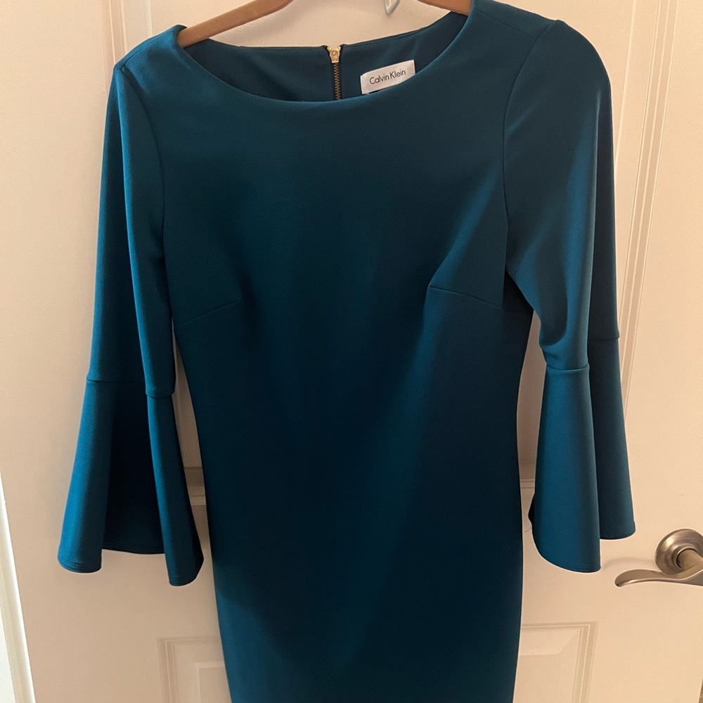 Calvin Klein | Teal Sheath Dress w/ Bell Sleeves and Gold Zipper Detail